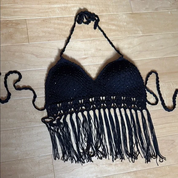 Black Crochet Halter Top with Fringe - Picture 4 of 4